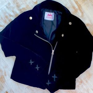 Justice Black Velvet Jacket With Silver Zipper and Buttons Ribbon Detail Cuff